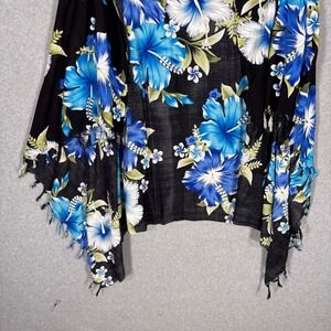 Aloha Fashion Hawaiian Sarong Wrap OS Black Blue Floral Hibiscus Tropical Tassel